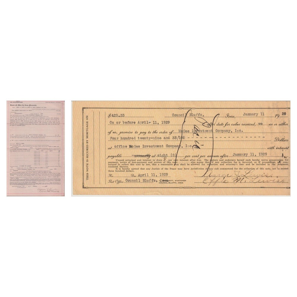 Antique 1929 Promissory Note & Mortgage Council Bluffs Iowa Lewis